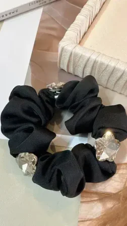 Satin hair ornament with 3 large smoky Swarovski flowers